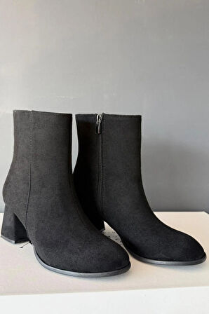Kadın Marta Siyah Süet 6 cm Kalın Topuklu Yumurta  Burun Fermuarlı Bot