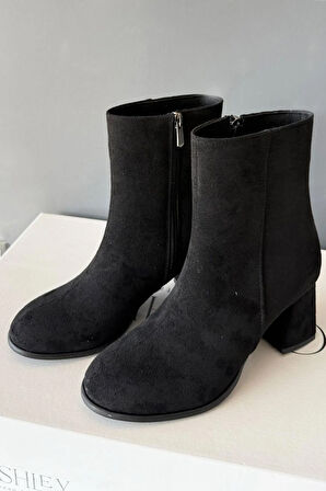 Kadın Marta Siyah Süet 6 cm Kalın Topuklu Yumurta  Burun Fermuarlı Bot