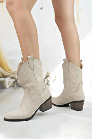Kadın Doly Krem Süet Nakışlı 5 cm Topuklu Kovboy Bot