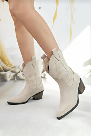 Kadın Doly Krem Süet Nakışlı 5 cm Topuklu Kovboy Bot