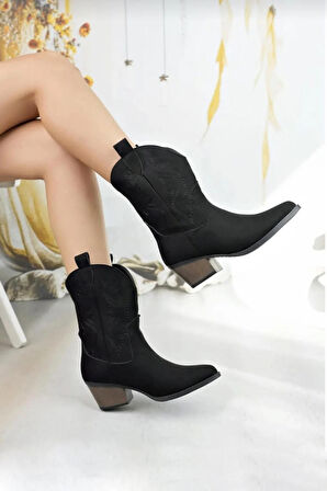 Kadın Doly Siyah Süet Nakışlı 5 cm Topuklu Kovboy Bot