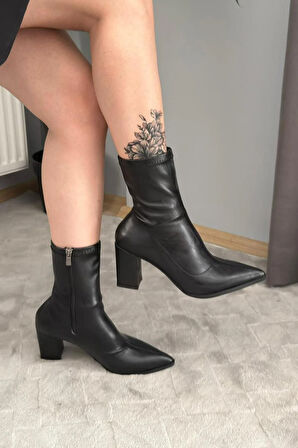 Kadın Volga Siyah Fermuarlı 8 cm Kalın Topuklu Strec Bot