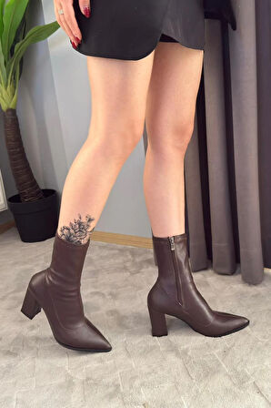 Kadın Volga Kahverengi Fermuarlı 8 cm Kalın Topuklu Strec Bot
