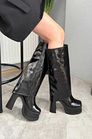 Kadın Herney Siyah Kırışık Rugan 12 cm Platfom Topuklu Tak Çıkart Bot Çizme