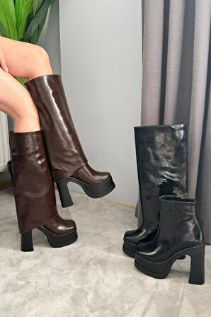 Kadın Herney Siyah Kırışık Rugan 12 cm Platfom Topuklu Tak Çıkart Bot Çizme