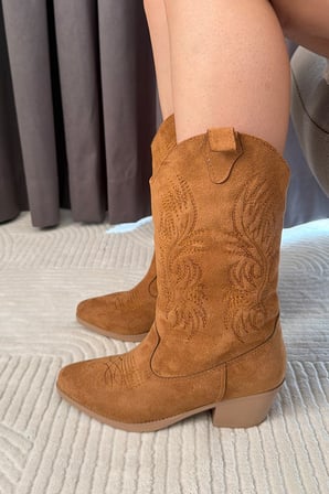 Kadın Clind Taba Süet Nakişlii Western Kovboy Bot & Çizme