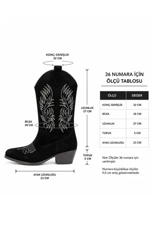 Kadın Clind Siyah Süet Nakişlii Western Kovboy Bot & Çizme