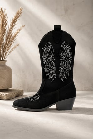 Kadın Clind Siyah Süet Nakişlii Western Kovboy Bot & Çizme