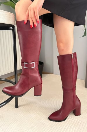 Kadın Paris Toka Deyatlı Bordo  Yandan Fermuarlı Diz Altı Cizme 410