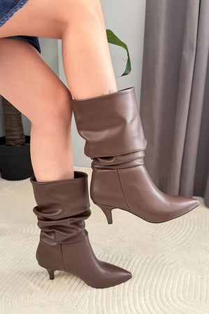 Kadın Donna Kahve Cild Körüklü Sivri Burun 6 Cm Çivi Topuklu Kısa Çizme