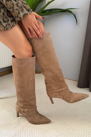 Kadın Melinda Vizon Süet 7 cm Topuklu Toka Detaylı Çizme& Bot