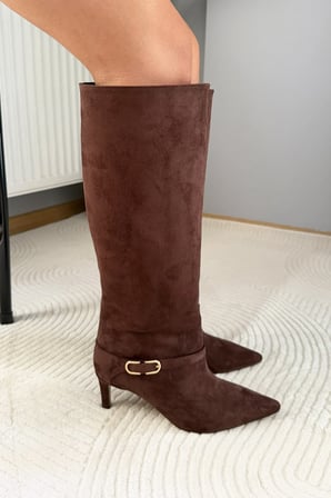 Kadın Melinda Kahve Süet 7 cm Topuklu Toka Detaylı Çizme& Bot