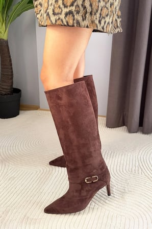 Kadın Melinda Kahve Süet 7 cm Topuklu Toka Detaylı Çizme& Bot