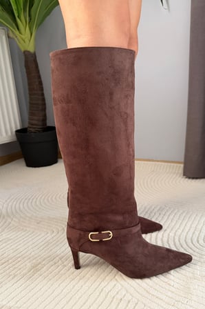 Kadın Melinda Kahve Süet 7 cm Topuklu Toka Detaylı Çizme& Bot