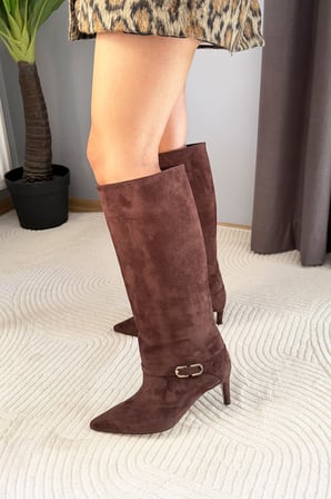 Kadın Melinda Kahve Süet 7 cm Topuklu Toka Detaylı Çizme& Bot