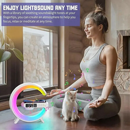 G Lamba Kablosuz Şarj Özellikli Saat &amp;amp; Alarm Led Işıklı Bluetooth Hoparlör Masa Lambası (4915)