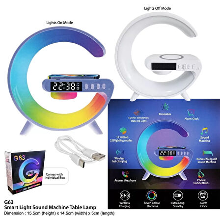 G Lamba Kablosuz Şarj Özellikli Saat &amp;amp; Alarm Led Işıklı Bluetooth Hoparlör Masa Lambası (4915)