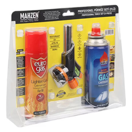 3 Parça Profesyonel Pürmüz Seti Pürmüz Torch Çakmak Başlık- Kamp Gazı 400ml- Çakmak Gazı 270 (4915)