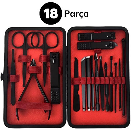 18 Parça Manikür Pedikür Set Kutusu Çelik Deri Çantalı Bakım Seti (4915)