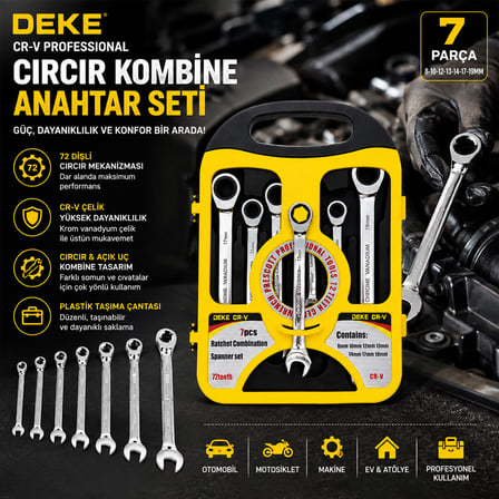 7 PCS CIRCIR KOMBİNE ANAHTAR SETİ 8-10-12-13-14-17-19MMPLASTİK TAŞIMA ÇANTALI (4915)