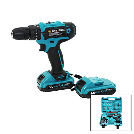 MAVİ 1250 RPM BN-5 F-136 CORDLESS DRILL FULL ŞARJLI=24V=5.0Ah - 2 BATARYA MATKAP SETİ ÇANTALI (4915)