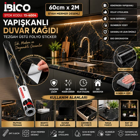 2MT X 60CM SİYAH MERMER DESENLİ TEZGAH ÜSTÜ FOLYO STİCKER - DUVAR KAĞIT KENDİNDEN YAPIŞKANLI - EKO D