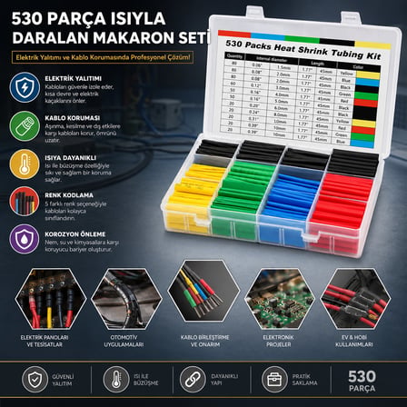 530PCS MAKARON KABLO TAMİR SETİ ISIYLA BÜZÜŞMELİ DARALAN HORTUM (4915)