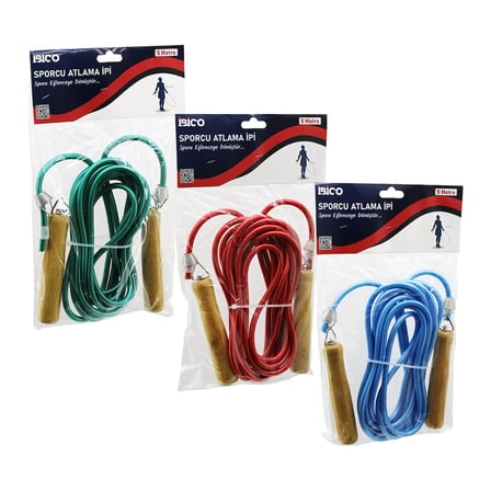 AHŞAP SAPLI PVC ATLAMA İPİ RENKLİ 5MT (4915)