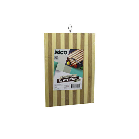 20 X 30 X 1.4cm  Beyaz Çizgili Ahşap Bambu Kesim Panosu - Kesme Tahtası Metal Kulplu (4915)