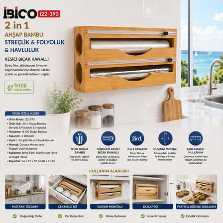2IN1 AHŞAP BAMBU STREÇLİK - FOLYOLUK - HAVLULUK KESİCİ BIÇAK KANALLI (4915)