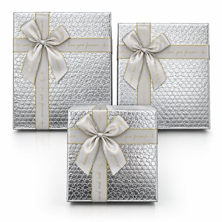 3PCS KARE PARLAK MİX RENKLİ - KABARTMA DESEN KARTON HEDİYE KUTUSU KURDELALI 19-17-15CM (4915)