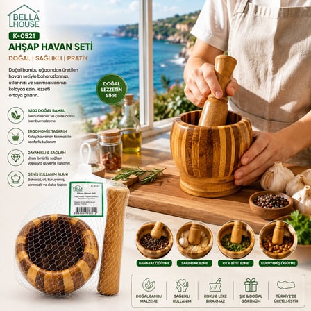AHŞAP BAMBU - ÇİZGİLİ HAVAN SARIMSAK DÖVECEK Ç: 8CM--D: 7CM--Y:10.5CM FİLELİ AMBALAJ (4915)