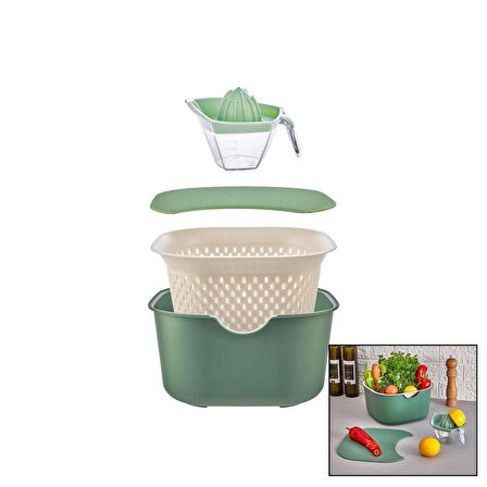 YEŞİL 5PCS MUTFAK SETİ PLS.KARIŞTIRMA KAP=4LT - SÜZGEÇ=3.5LT - KESİM PANO - SIKACAK=0.25LT (4915)