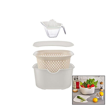 Krem 5pcs Mutfak Seti Pls.karıştırma Kap=4lt - Süzgeç=3.5lt - Kesim Pano - Sıkacak=0.25lt (4915)