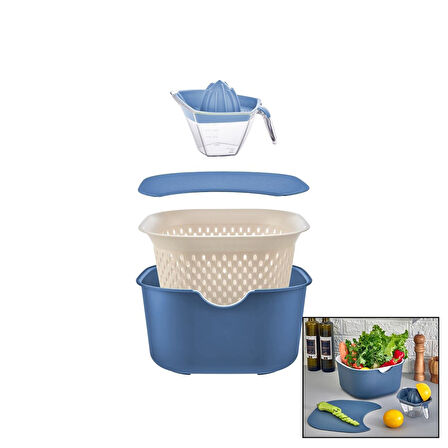 Mavi 5pcs Mutfak Seti Pls.karıştırma Kap=4lt - Süzgeç=3.5lt - Kesim Pano - Sıkacak=0.25lt (4915)