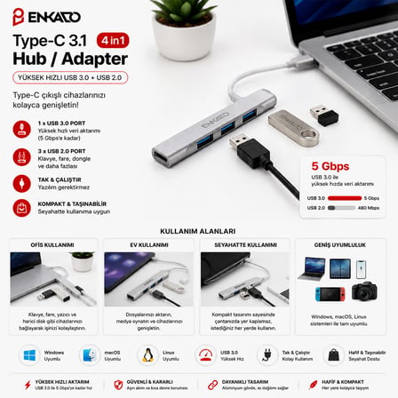TYPE-C 3.1 GİRİŞ 4IN1 USB ÇOĞALTICI 4 ANAHTARLI PORT - HI-SPEED USB 3.0 - USB 2.0 HUB ADAPTÖR EKD-TP