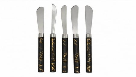 5 PARÇA  UZUN KAHVALTI BIÇAK - SİYAH MERMER DESEN SAPLI 16.5 cm (4915)