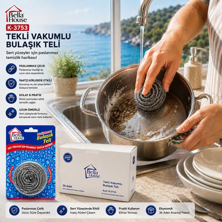 36 ADET VAKUMLU BULAŞIK TELİ TEKLİ PASLANMAZ 15GR (4915)