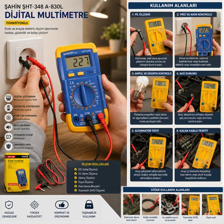 ÇOK FONKSİYONLU DİJİTAL MULTİMETRE DC VOLTAJ- AKIM- DİRENÇ- DİYOT- TRANSİSTÖR- KISA DEVRE- ÖLÇÜM (49