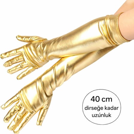 Altın Renk Dirsek Altı Lüks Saten Eldiven 40 cm (4915)