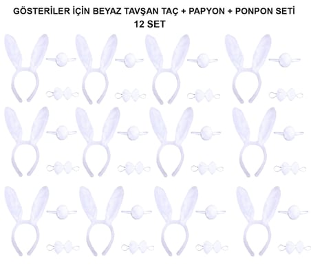 Beyaz Tavşan Kostüm Seti – Taç, Papyon, Kuyruk (12’li Paket) (4915)