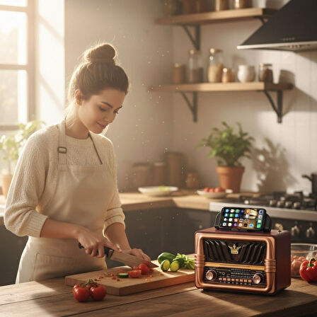 Büyük Boy Telefon Tutma Saplı Retro Ahşap Tasarım Bluetooth Hoparlörlü Radyo – Fm/am Destekli, Şarjlı Ve Taşınabilir Radyo Ns-8077 (4915)