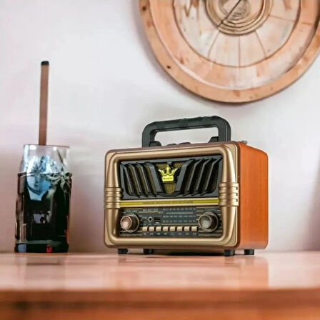 Büyük Boy Telefon Tutma Saplı Retro Ahşap Tasarım Bluetooth Hoparlörlü Radyo – Fm/am Destekli, Şarjlı Ve Taşınabilir Radyo Ns-8077 (4915)
