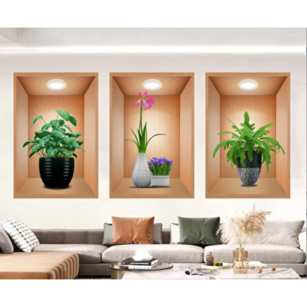 3d Çiçek Vazo Duvar Sticker 3 Lü Set Kahverengi Fon (4915)