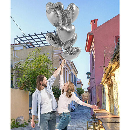 Metalize Parlak Gümüş Kalp Şekilli Uçan Balon Folyo 18 inç 45 cm 10 Adet (4915)