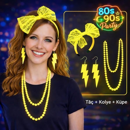 80’ler 90’lar Neon Sarı Parti Seti – Kolye Küpe Taç (4915)