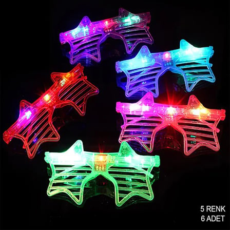 Işıklı Yıldız Şekilli Led Parti Gözlüğü 5 Renk 6’lı Set (4915)