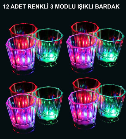 LED Işıklı Eğlence Bardakları - 3 Modlu Renk Değiştiren Bardak 12 Adet (4915)