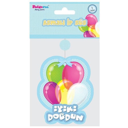 İyiki Doğdun Yazılı Asmalı İp Süs Mavi Renk 3 lü Set 12x45 cm (4915)