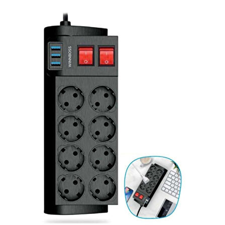 Isıya Dayanıklı Termal Akım Korumalı 2 Metre 16A 4000W 8li Priz ve 3 Usb Li Uzatma Kablosu (4915)